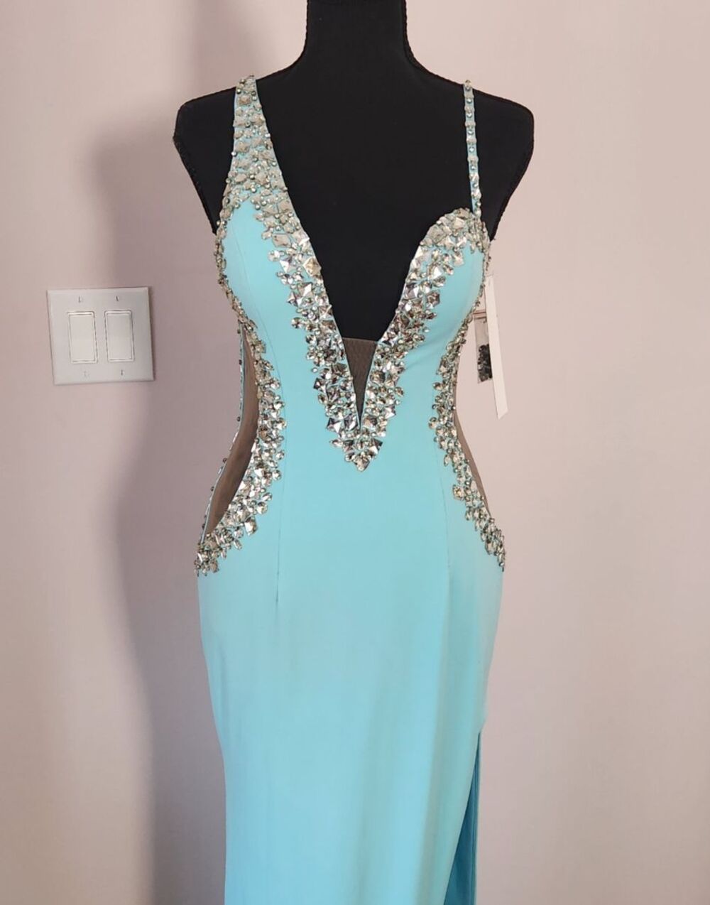 NWT-Jovani Couture Beaded Plunge Gown Tiffany Blue Slit Dress-Size 4 - Picture 2 of 16